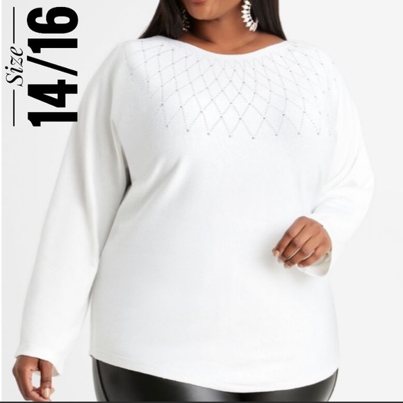 Ashley Stewart Sweaters - Sale ASHLEY STEWART Plus Size Women’s White Rhinestone Dolman Sleeve Sweater